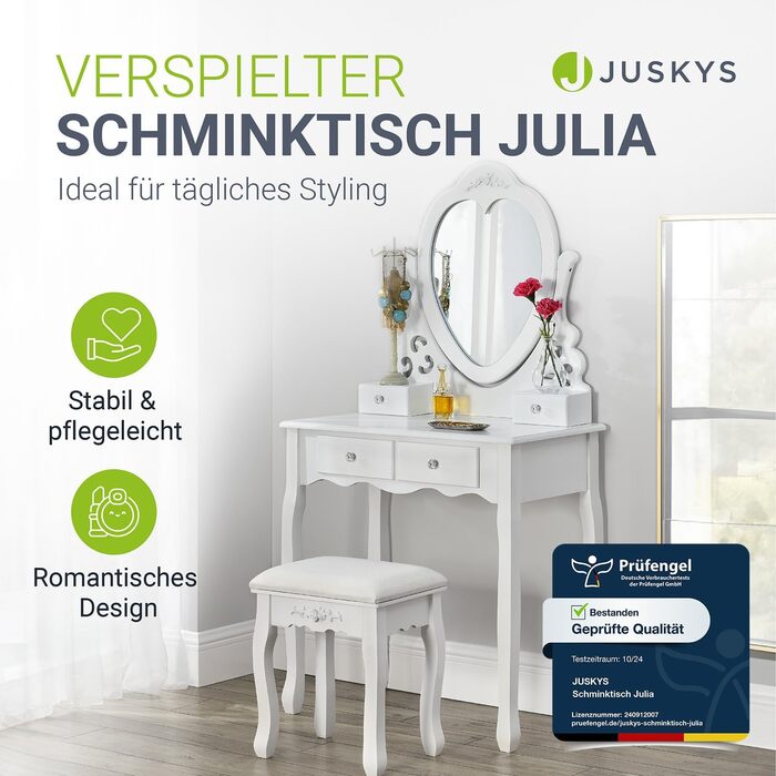 Туалетний столик Juskys Julia з дзеркалом, пуфом і 4 шухлядами, 74x40x138 см, стиль кантрі, білий, МДФ, косметичний стіл-комод