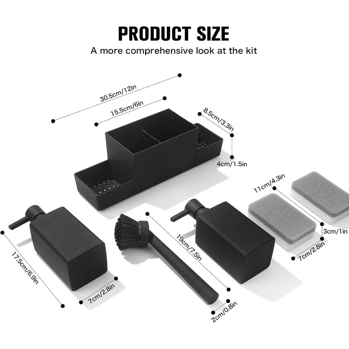 Dish Soap and Hand Soap Dispenser Kitchen Set with Sponge Holder and Brush, Dish Soap Dispenser Kitchen Black, Soap and Dish Soap Dispenser Set Kitchen Gadget Sink Organizer with Soap Dispenser (Black, 4 in 1)
