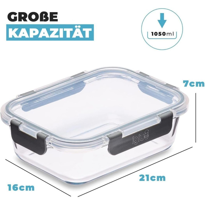 Набір контейнерів для їжі Igluu Meal Prep (5 шт.) – 1050 мл, Borosilikatglas, BPA-free, для мікрохвильовки, духовки, морозильника, посудомийної машини, витікання неможливе