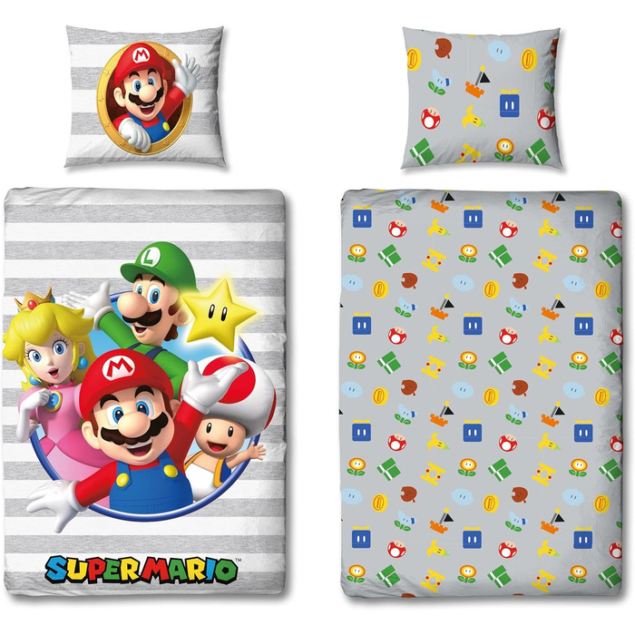 Комплект постільної білизни Kinder Super Mario для хлопчика 135x200/80x80 см, 100% бавовна, з блискавкою, з принтом Маріо, Луїджі, Піч та Стар