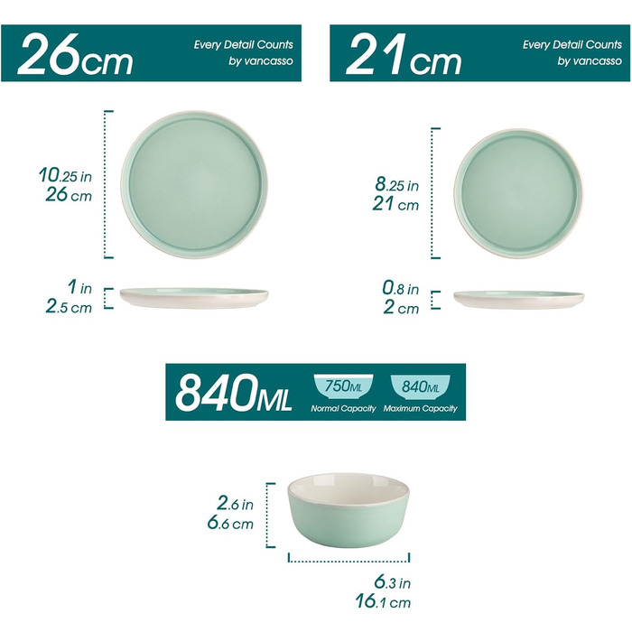 Набір посуду Steingut 18 предметів vancasso ELBA для 6 осіб, сучасний посуд у бірюзовому кольорі (6 тарілок, 6 мисок, 6 десертних тарілок)