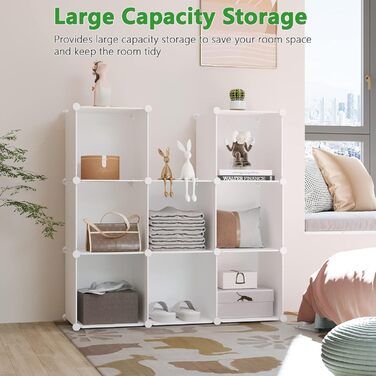 C&AHOME UPCS09M Cube Storage Organizer, 9-Cube Shelves, Closet Cabinet, DIY, Plastic, Modular Bookshelf, ideal for bedroom, living room, milky white