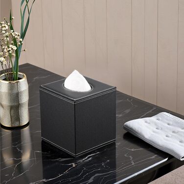 KINGFOM Скляна коробка для серветок, шкіряна, квадратна | Коробка для серветок у ванну, авто, офіс, спальню (Чорний)