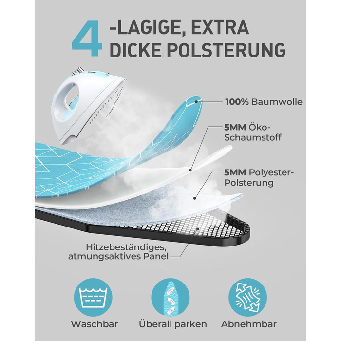 LyriFine Прасувальна дошка 2-в-1 для прасування з парою та класичного прасування, стійка до нагрівання, складана з гачком, міцний сталевий каркас, для парогенераторів (Синій колір з підставкою для праски)