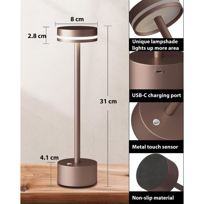 Настільна акумуляторна LED лампа бездротова 2 шт, сенсорний вимикач, алюмінієвий корпус, димування 3 рівні, 4000mAh, тепле світло 3000K, рожеве золото