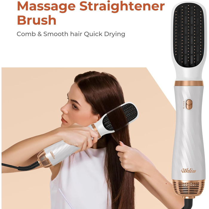 UKLISS 6-в-1 Стайлер для волосся з феном Pro, Набір для укладання волосся: плойка, випрямляч, фен, щітка для укладання, автоматична завивка, іонізація, Airbrush, подарунковий набір для жінок, блакитний (золотий)