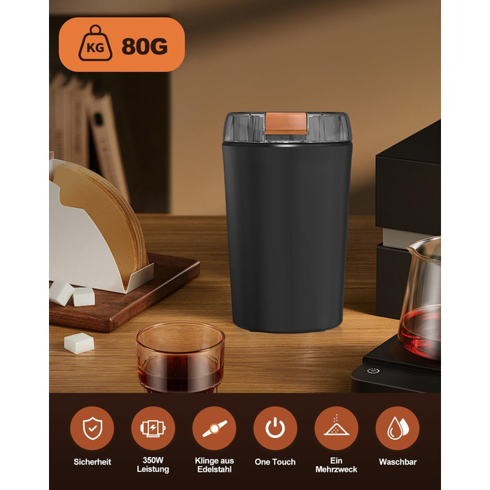 Електрична кавомолка 80г, потужний 350W двигун для кави та спецій, з регулюванням помелу, портативна, з щіткою для чищення, нержавіюча сталь, чорний
