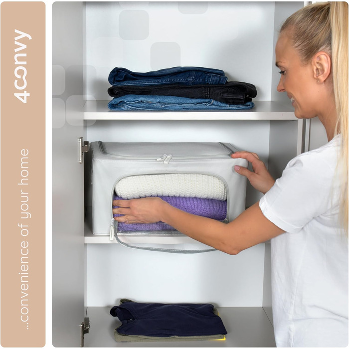 Складана коробка для зберігання одягу 4CONVY з блискавкою та металевим каркасом - покращений матеріал 2024 року. Коробка для постільної білизни, стабільна коробка для одягу, сірий колір, 3x24L