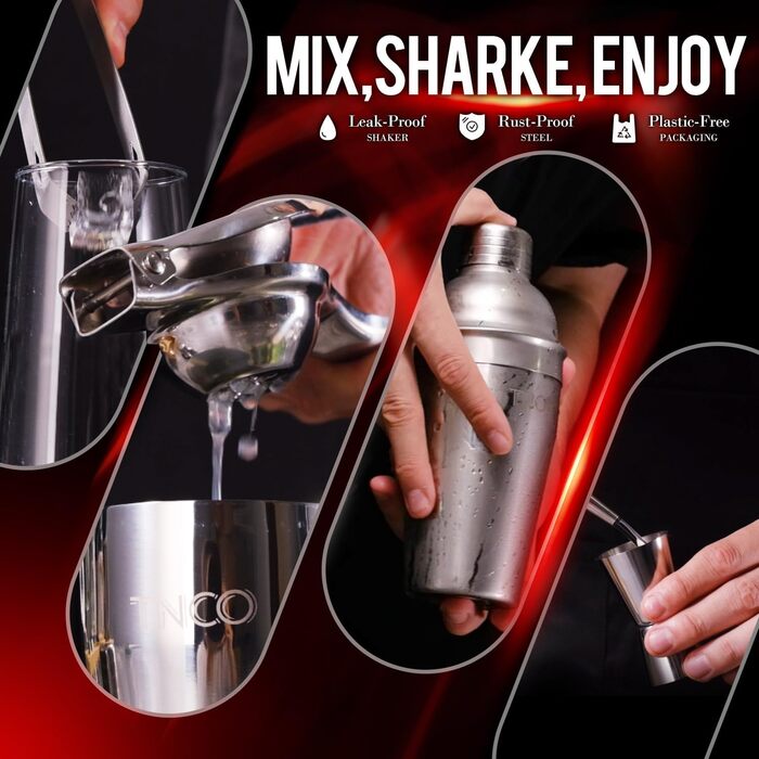 Набір бармена Mixology Barkeeper: шейкер для коктейлів, 8 предметів, з дерев'яною підставкою, аксесуари для приготування коктейлів (срібний)