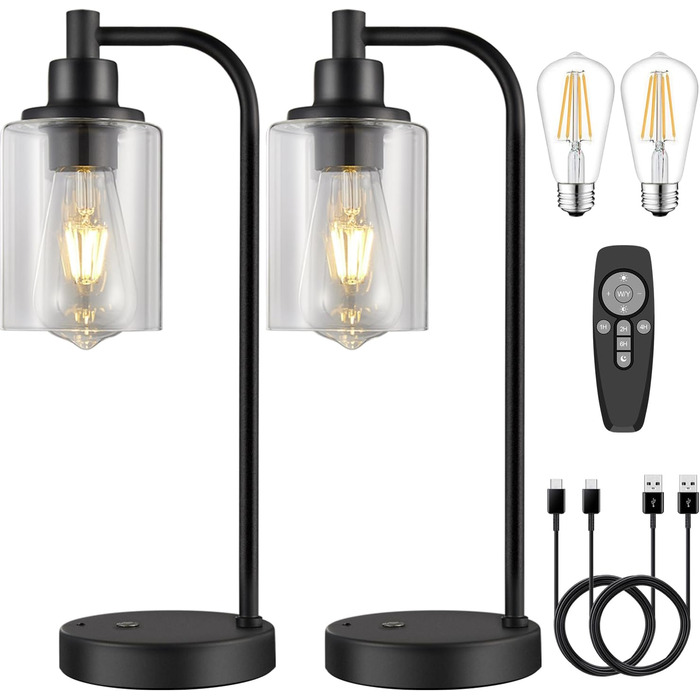 Акумуляторна настільна лампа бездротова з пультом, сенсорне регулювання яскравості, скляний плафон, нічник для спальні та вітальні, чорна