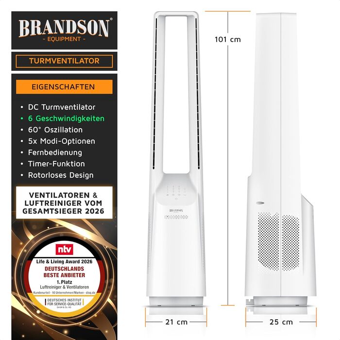 Вентилятор підлоговий безлопатевий Brandson ECO Line – тихий, з пультом, 6 швидкостей, режим сну, білий