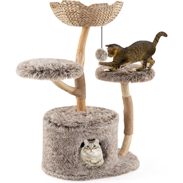 Дерев'яна кігтеточка для котів Costway 90 см з 3 м'якими місцями для відпочинку, канатом та кігтечильною колоною з джуту, 3-ярусна, з печею, білий + натуральний колір