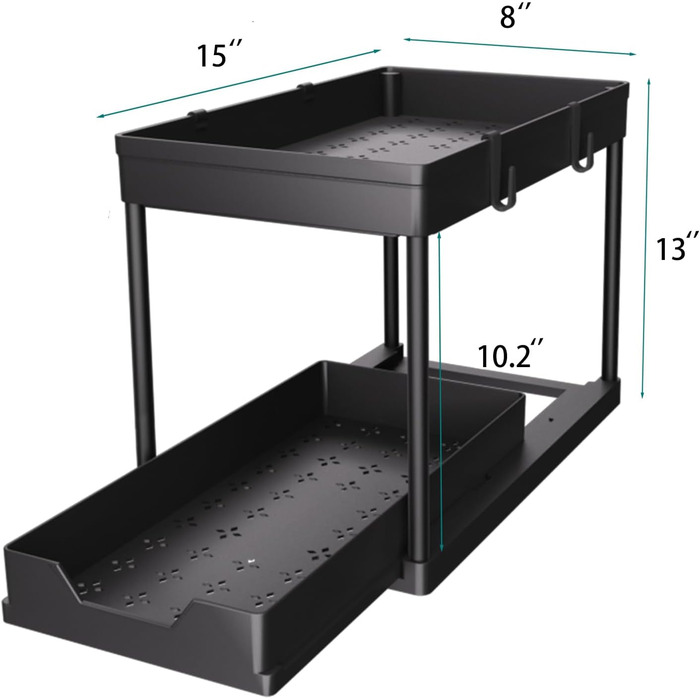 DEKAVA Kitchen Organizer, 2 Under Sink Shelf, Closet Kitchen Organizer with 4 Hooks, Closet Basket for Kitchen, Bathroom, Cleaning Supplies, Detergent (Black)