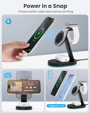 Бездротова зарядка 3-в-1 з MagSafe, USB-C та нічником для iPhone 16/15/14/13/12, Apple Watch та AirPods, A-Schwarz