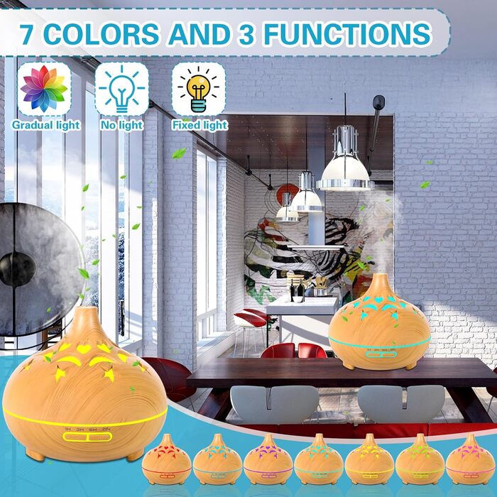 Аромадифузор 550 мл для ефірних олій, ультразвуковий зволожувач повітря, пульт дистанційного керування, 4 таймери, 7 кольорів, автовимкнення, дифузор для ефірних олій, аромалампа для спа, офісу, спальні