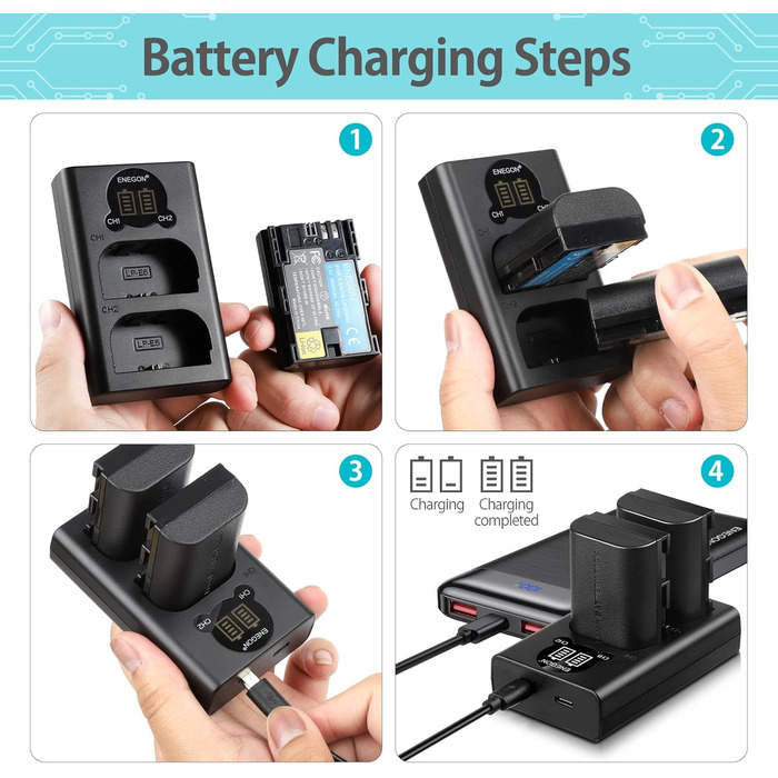 Зарядний пристрій ENEGON LP-E6NH 20W Dual з 2x акумуляторами 3000mAh для Canon EOS 5D, 6D, 7D, 60D, 70D, 80D, 90D, XC10, XC15, R, R5, R6, R7 - LCD дисплей