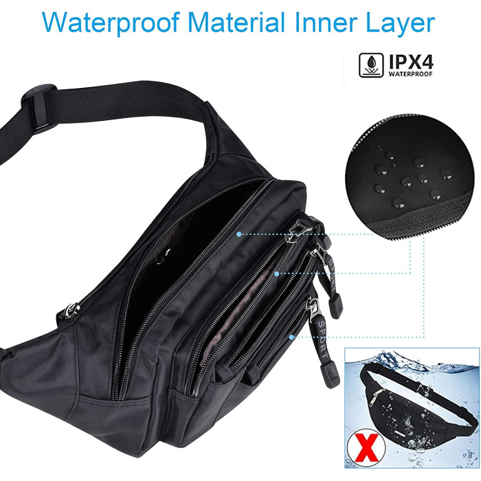 Водонепроникна поясна сумка-бананка для чоловіків та жінок. Чорна, з блискавкою, для подорожей, піших прогулянок та активного відпочинку на природі.