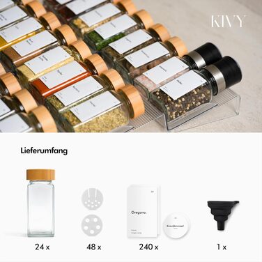 Набір скляних баночок для спецій KIVY з бамбуковою кришкою, 24 шт. по 120 мл, водостійкі етикетки, герметичні, квадратні, з дозатором