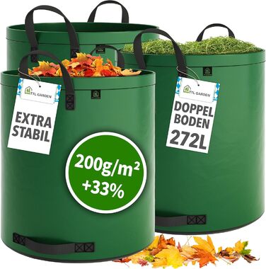 Набір садових мішків TTL Garden 3x272 л SUPER SOLID, зелений, з подвійним дном, надміцний, самостійно стоїть, 4 ручки, для трави, листя, гілок, садового сміття