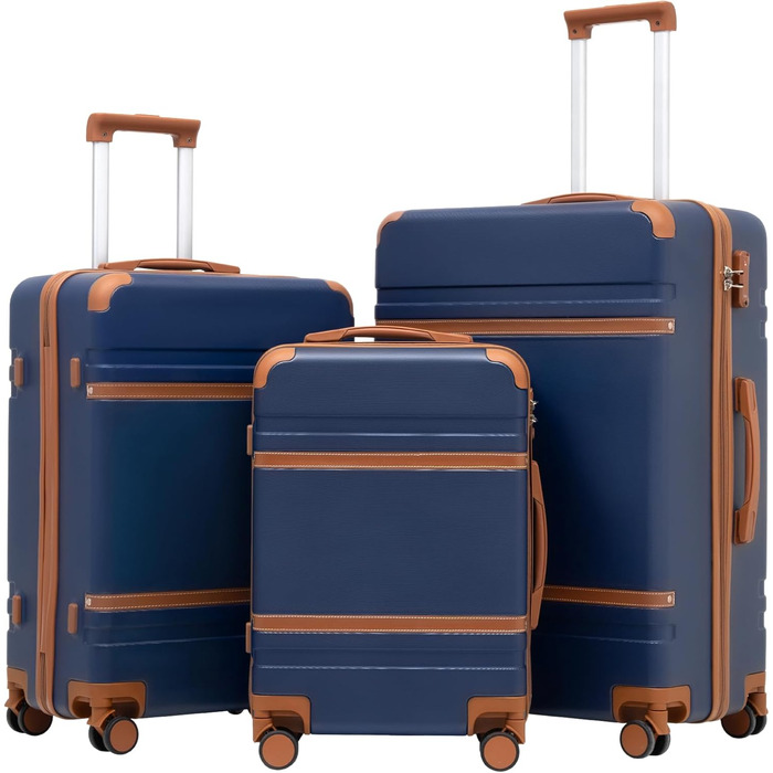 Набір валіз COOLIFE 3 в 1: дорожній набір з TSA-замком, телескопічною ручкою та 4 колесами (синій/коричневий)