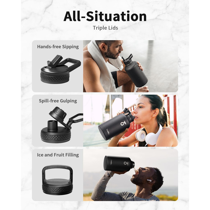 Trebo Thermos Flask with Straw 2L, Stainless Steel Water Bottle with Paracord Handle & 3 Lids, Stainless Steel Wide Mouth Drinking Bottle Large Sports Bottle Keeps Drinks Cold for 48 Hours, Black