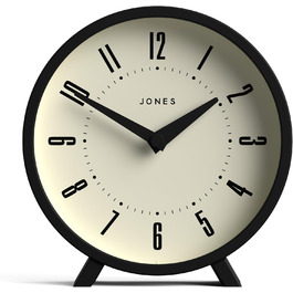 JONES CLOCKS® Desk Clock 'Venus' – modern round design in stylish retro look for shelf, table, mantelpiece or bedside table (Black)