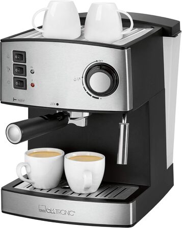 Clatronic® Espresso Machine | Small Coffee Machine | 15 bar Pump Pressure | 1.6 Liter Transparent Water Tank (Removable) | 2 Stainless Steel Nozzles with Frothing and Hot Water Function | 850 Watts | ES 3643