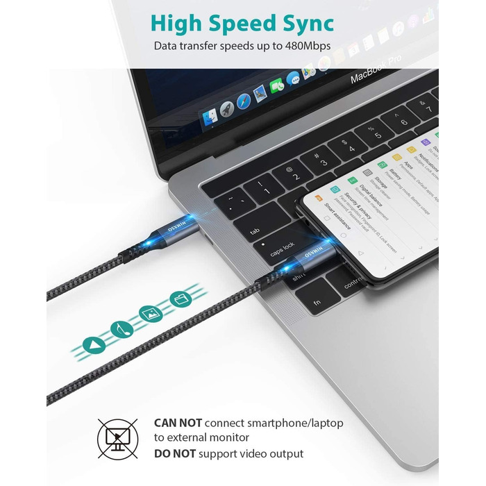 Кабель USB-C Nimaso [2 шт., 2м], 20V/3A/60W, сумісний з Samsung Galaxy, Google Pixel, MacBook, iPad, iPhone (сірий)