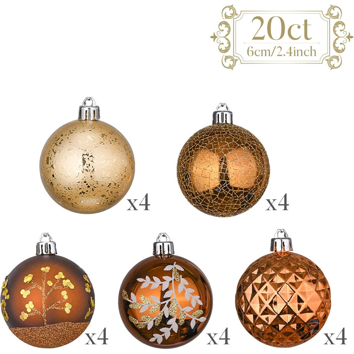 Набір ялинкових прикрас Valery Madelyn (20 шт, 6 см, бронза) - пластикові кулі з гачками, тематика 