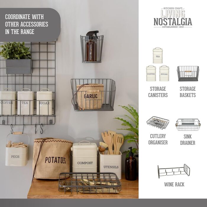 KitchenCraft Living LNBCARRIER Nostalgia Metal Wire Milk Bottle Basket/Wine Bottle Carrier, Container Holder for 6 Glass Milk Bottles, 29 x 20 x 13 cm – Grey