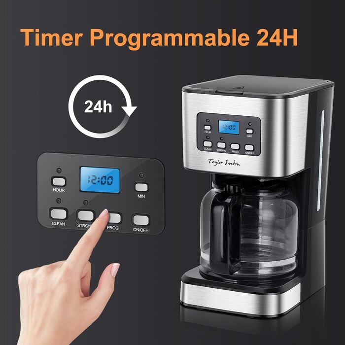 Кавомашина Taylor Swoden Darcy 950W з таймером, 1.5L, 12 чашок, автоматичне відключення, чорна