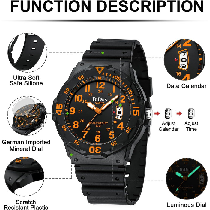 HANPOSH Чоловічий годинник: аналоговий кварцовий годинник для чоловіків з датою, водостійкий 50M, з силіконовим ремінцем, чорно-оранжевий, стильний дизайнерський годинник