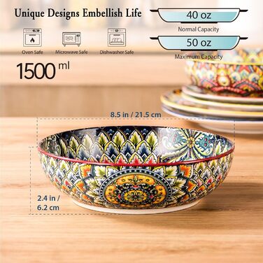 Набір тарілок Henten Home Mylo (2 шт.): супові та глибокі, 1500 мл. Тарілки для супу, пасти, салату в богемному стилі Boho, рожево-червоні відтінки