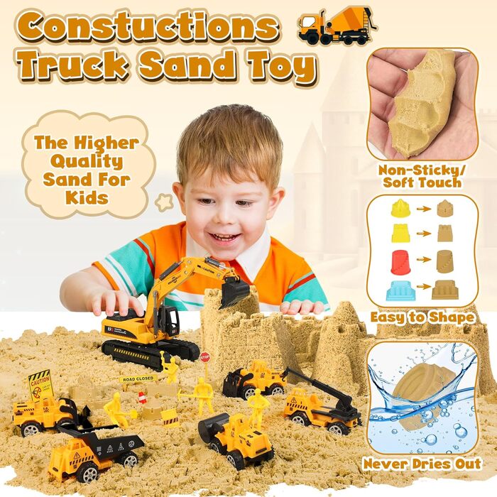 Subtail Magic Sand for Kids - 6 Construction Vehicles | 16 Castle Shapes | 18 Traffic Signs - Kinetic Sand Play Sand, Foldable Sandbox - Gifts for Boys and Girls Ages 3, 4, 5