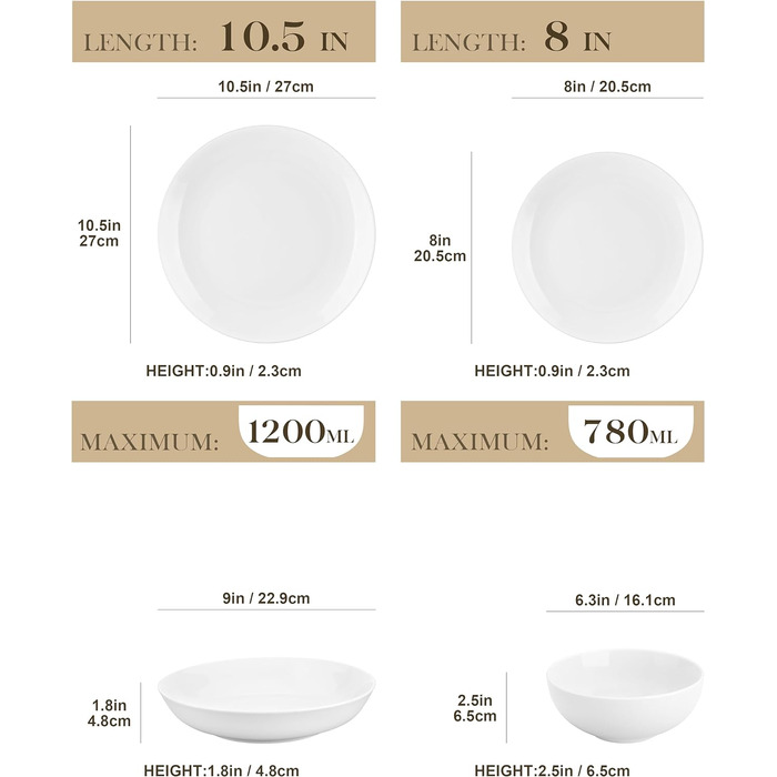 MALACASA, Amelia Series, Dinner Set for 12 People, 48-Piece Porcelain Tableware Set, White Combination Service, with 12 Dinner Plates, 12 Cake Plates, 12 Soup Plates, and 12 Bowls, White 48-Piece