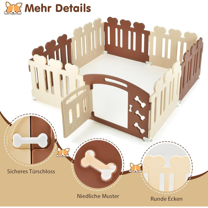 Вольєр для собак COSTWAY з 8 панелей, 60 см, з дверцятами, для дому та саду, HDPE пластик, бежевий + коричневий