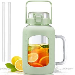2 Liter Glass Water Bottle with Handle, 2L Glass Pitcher with Straw and Lid, Motivational Sports Water Jug with Time and Volume Markings, Leak-Proof, Light Green