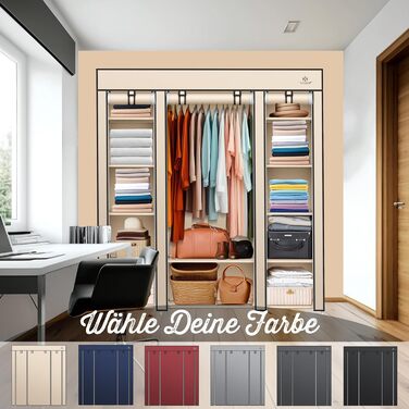 KESSER® Wardrobe Clothes Rack Stable with Clothes Rail & Shelves, Incl. 5x Clothes Hangers, Fabric Folding Wardrobe for Bedroom, Dressing Room Clothes Rack 150x45x175cm (Beige)