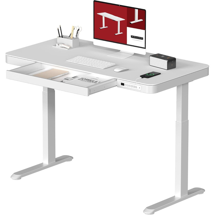 Електричний регульований стіл Sanodesk з ящиком, сенсорним керуванням та USB-портами, 120 x 60 см, білий + білий, висота 73.5-118 см