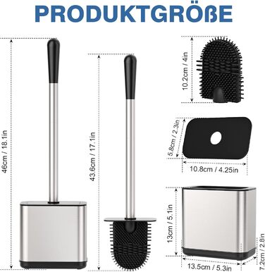 Набір для чищення унітазу FUNPALA з нержавіючої сталі та силікону, 2 насадки, тримач, сріблястий