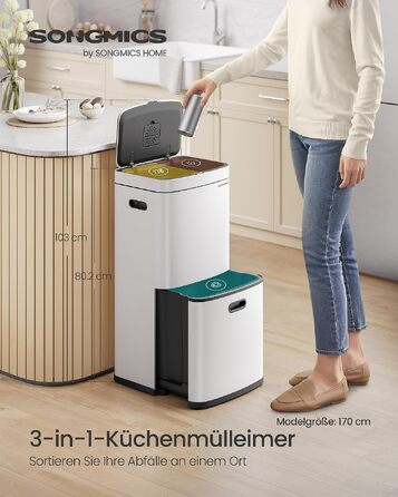 Сміттєвий кошик SONGMICS PARY LTB48BK, система сортування сміття на 2 відсіки (2x10л та 30л) з доводчиками Softclose, педаллю та ручками, чорний