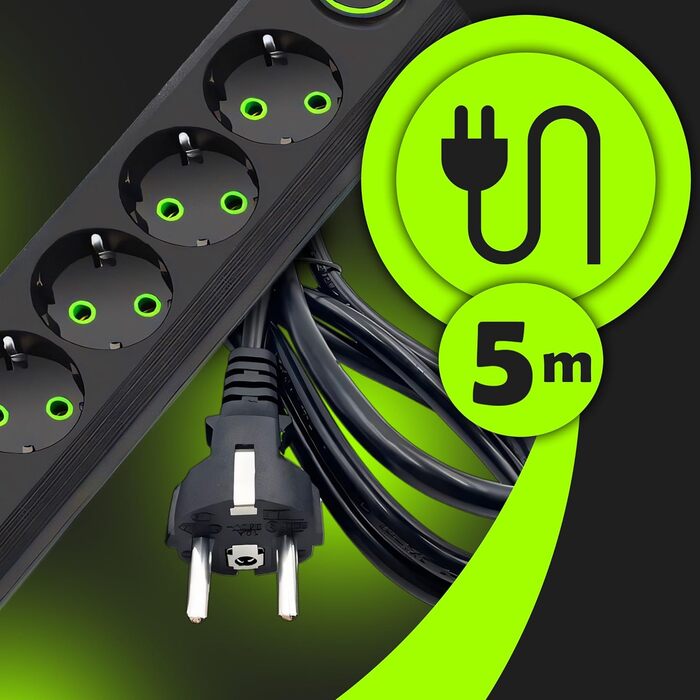 Мережева стрічка Retoo з 3 USB, 5 розеток, вимикачем та 5м кабелем, захист від перенапруги 2500W/10A, з вилками, для смартфонів, ноутбуків, дому, кухні