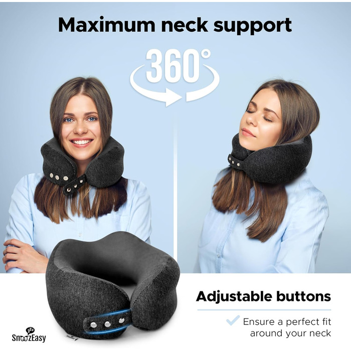 Подушка для шиї SnoozEasy™ для дорослих | Подушка для подорожей на літаку з memory foam | Регульована подушка з маскою для очей, навушниками, сумкою та карабіном | Бренд UK