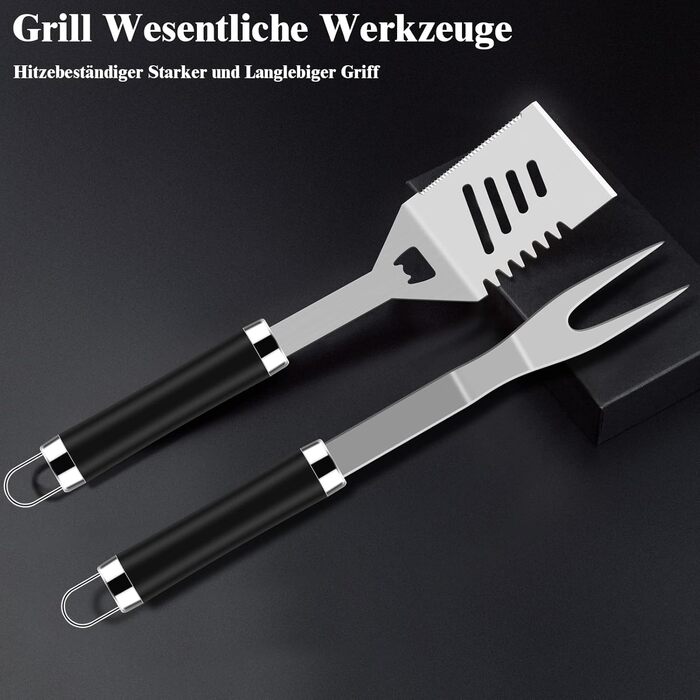 38-Piece BBQ Grill Tool Set Stainless Steel Grill Accessories for Men Gift Birthday High-Quality Grill Utensil Set Case with Grill Case and Grill Mat for Garden and Camping Black