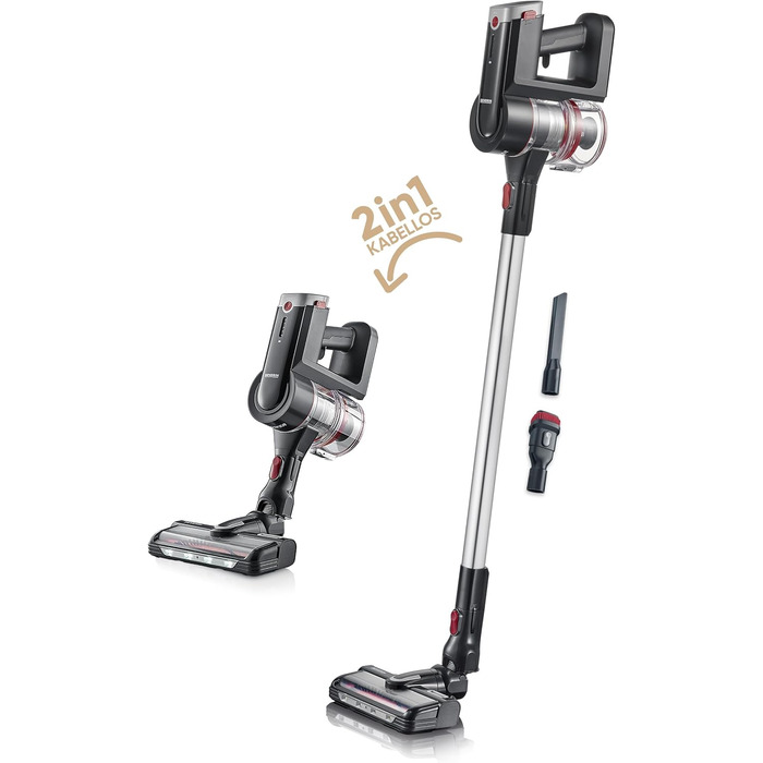 Бездротовий акумуляторний пилосос SEVERIN HV 7166 (Чорний): 60 хв роботи, 2-в-1, для тварин, легкий, без мішка, 400 Вт