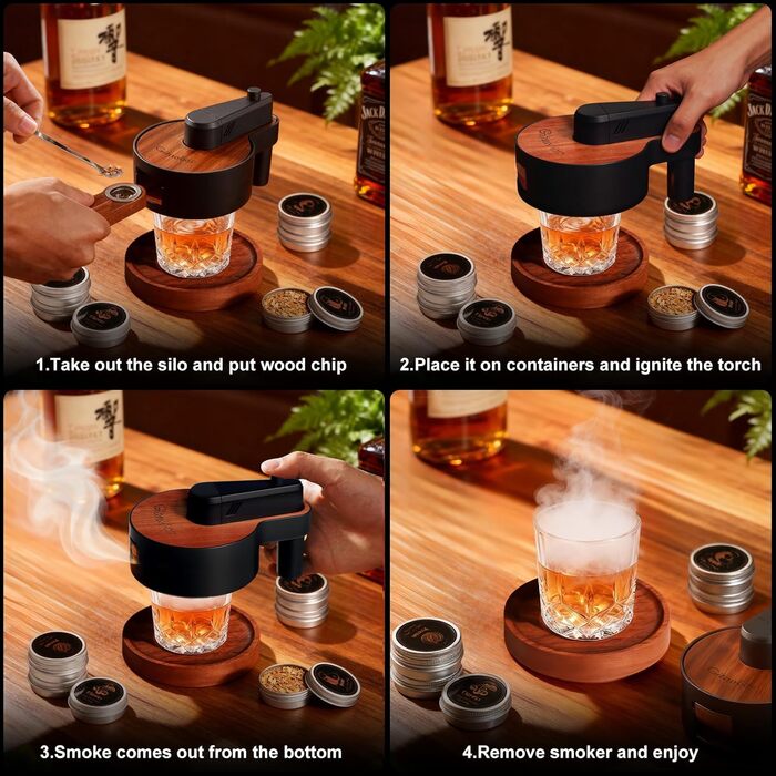 Набір для копчення віскі зі вбудованим запальничкою, 6 видів тирси, 2 склянки, 2 форми для льоду, набір для димчастого коктейлю, подарунок на Різдво та день народження для чоловіків, батька, чоловіка (БЕЗ бутану) (коричневий)