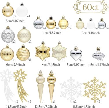 Набір прикрас на ялинку Valery Madelyn 60 шт. - ялинкові кулі, міцні, з підвісками, декор для ялинки (білий & золотий)