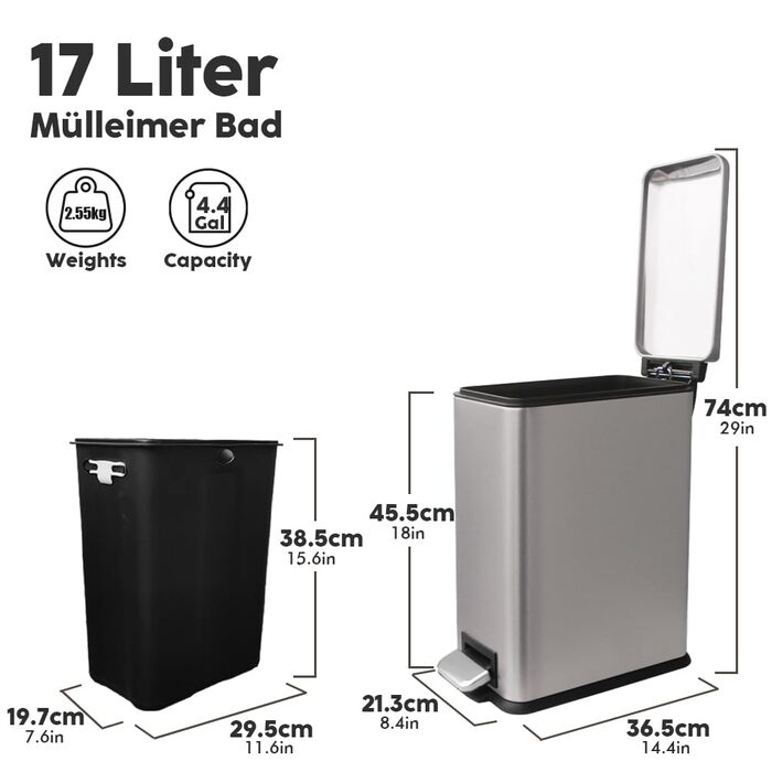 Трюмний смітник для кухні, нержавіюча сталь, 17л, з кришкою та внутрішнім відром