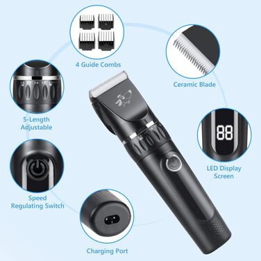 Безшумна машинка для стрижки собак та котів з 2 швидкостями, акумуляторна, бездротова, 11 насадок (Blacks)