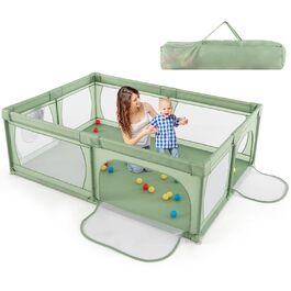 COSTWAY 205 x 147cm Playpen Baby Folding, Play Yard with 50 Balls, 2 Doors, Breathable Mesh & Zipper, Playpen Tent for Infants & Toddlers (Green, Without Mattress) Green Without Mattress